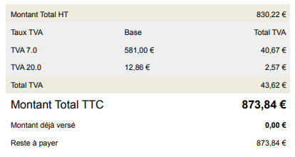 Vue des multiples TVA dans un PDF de facture